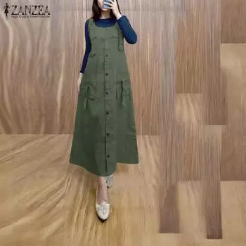 ZANZEA Женские мусульманские платья без рукавов с боковыми карманами и квадратным воротником, однотонные платья S зелёный