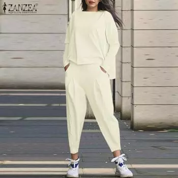 ZANZEA Женские наряды с длинным рукавом Блузка и брюки Повседневные комплекты из двух частей Спортивные костюмы S чёрный