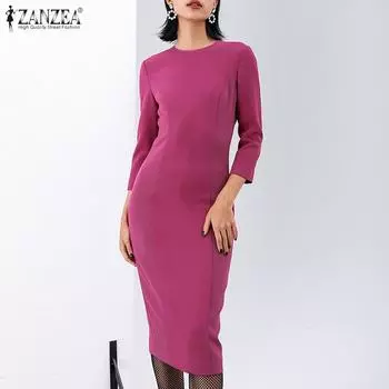 ZANZEA женские однотонные элегантные платья с круглым вырезом и рукавами 3/4, яркая линия, молния на талии и бедрах