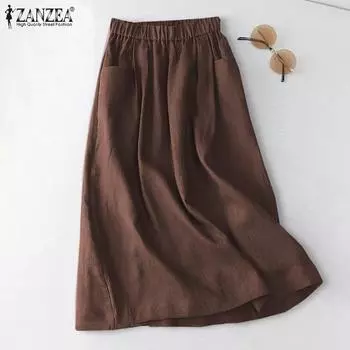 ZANZEA женские однотонные повседневные хлопковые длинные юбки с эластичной резинкой на талии S чёрный