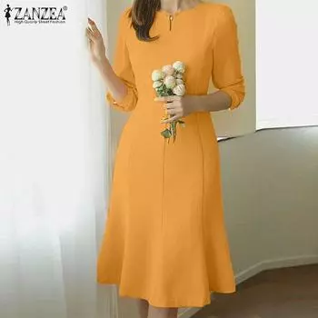 ZANZEA женские однотонные повседневные платья с круглым вырезом и рукавами 3/4, со сборной талией, рыбий хвост
