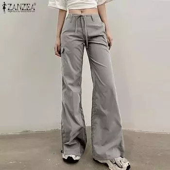 ZANZEA Женские однотонные расклешенные рабочие брюки со средней посадкой и завязками по бокам L зелёный