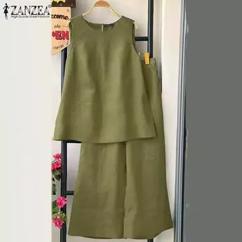 ZANZEA женские однотонные свободные блузки без рукавов с круглым вырезом, широкие брюки со средней талией, костюмы