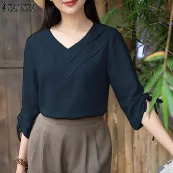 ZANZEA Женские однотонные свободные блузки с v-образным вырезом и рукавами 3/4 на шнуровке в стиле пэчворк 5XL жёлтый