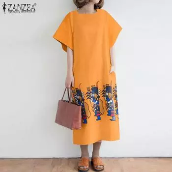 ZANZEA Женские однотонные свободные длинные платья с вырезом лодочкой и короткими рукавами и принтом
