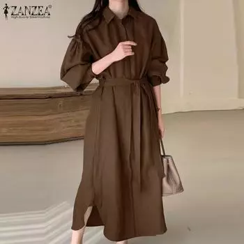 ZANZEA женские однотонные свободные платья с длинными рукавами и поясом с разрезами