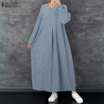 ZANZEA женские однотонные свободные платья с круглым вырезом, заниженными плечами и длинными рукавами в полоску, плиссированные подол