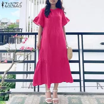 ZANZEA женские однотонные свободные платья с круглым вырезом, заниженными плечами и короткими рукавами, плиссированные подол