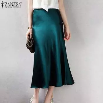 ZANZEA женские однотонные свободные повседневные длинные атласные юбки S чёрный