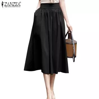 ZANZEA Женские однотонные свободные повседневные длинные юбки 4XL хаки