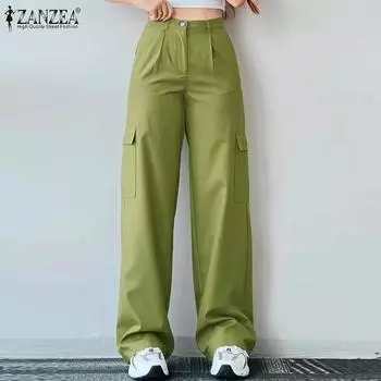ZANZEA женские однотонные свободные рабочие брюки с завышенной талией и пряжкой на пуговицах и карманом на молнии