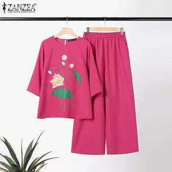 ZANZEA женские однотонные свободные широкие брюки с круглым вырезом и рукавом 1/2 с принтом