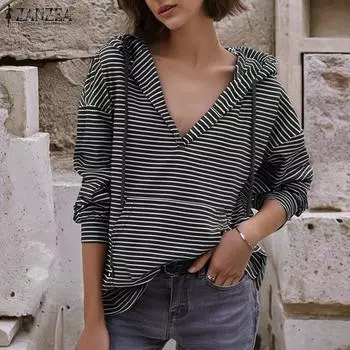 ZANZEA Женские осенние блузки-фонарики с длинными рукавами и капюшоном в полоску L коричневый