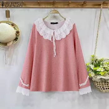 ZANZEA Женские осенние блузки с длинным рукавом и цветочным принтом с кружевом M розовый