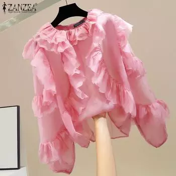 ZANZEA женские осенние блузки с длинным рукавом и оборками в горошек 4XL жёлтый