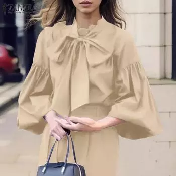 ZANZEA Женские осенние блузки с круглым вырезом и длинным рукавом-фонариком S темно-зеленого