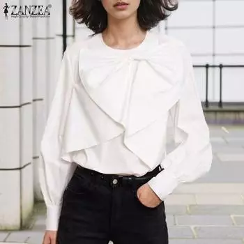 ZANZEA Женские осенние блузки с круглым вырезом и длинным рукавом, завязанные оборками S белый