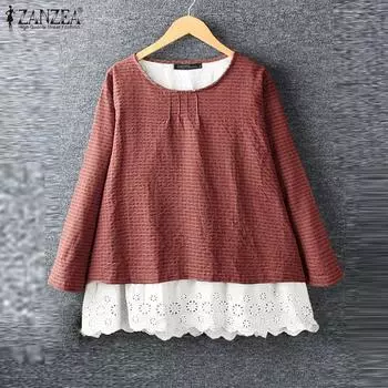 ZANZEA женские осенние блузки с круглым вырезом и длинным рукавом в контрастную клетку L