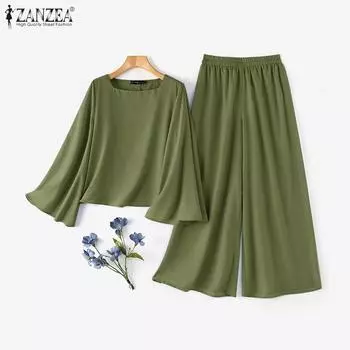 ZANZEA Женские осенние блузки с круглым вырезом и длинными рукавами, широкие брюки, комплекты 4XL чёрный