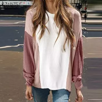 ZANZEA Женские осенние блузки с круглым вырезом и длинным рукавом в цветном стиле из вельвета M розовый