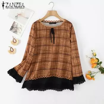 ZANZEA Женские осенние блузки с круглым вырезом и длинным рукавом в кружевную клетку S коричневый