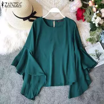 ZANZEA Женские осенние блузки с круглым вырезом и нестандартным расклешенным длинным рукавом S зелёный