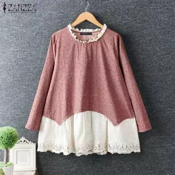 ZANZEA женские осенние блузки с круглым вырезом и длинным рукавом с цветочным принтом S оранжевый