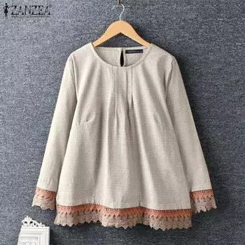 ZANZEA женские осенние блузки с круглым вырезом и длинным рукавом из кружева и ажурной клетчатой ткани 3XL коричневый
