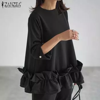 ZANZEA Женские осенние блузки с круглым вырезом и манжетами на 3/4 с оборками S серый