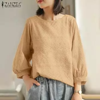 ZANZEA Женские осенние блузки с круглым вырезом и рукавом 3/4 с ажурным принтом S синий