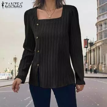 ZANZEA Женские осенние блузки с квадратным вырезом и длинными рукавами в полоску с разрезом S чёрный
