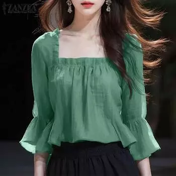 ZANZEA Женские осенние блузки с квадратным вырезом и расклешенным рукавом 3/4 4XL жёлтый