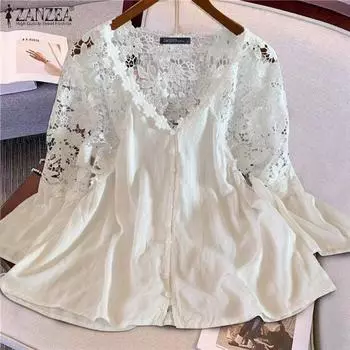 ZANZEA женские осенние блузки с V-образным вырезом и длинным рукавом, однотонные кружевные блузки с цветочным принтом L ярко-розовый