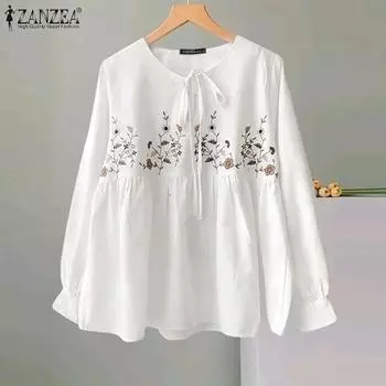 ZANZEA Женские осенние блузки с V-образным вырезом и длинным рукавом с цветочным принтом 4XL