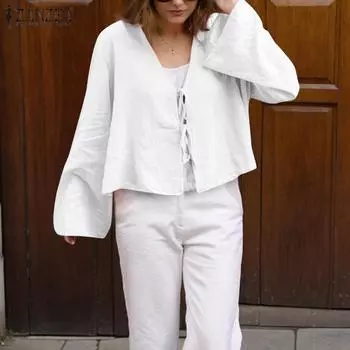 ZANZEA Женские осенние блузки с V-образным вырезом и длинными рукавами, однотонные S синий