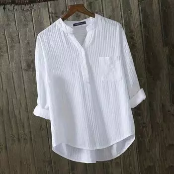 ZANZEA Женские осенние блузки с V-образным вырезом и длинными рукавами в полоску, однотонные 4XL белый