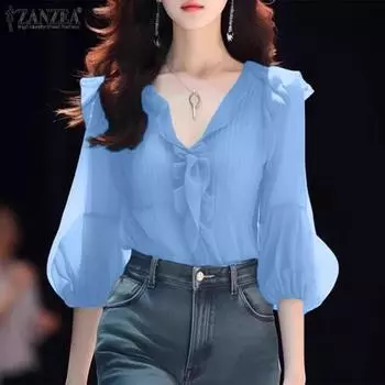 ZANZEA Женские осенние блузки с V-образным вырезом и рукавами-фонариками 3/4 S жёлтый