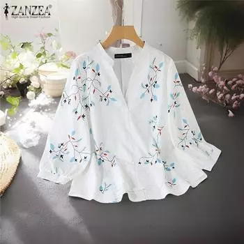 ZANZEA Женские осенние блузки с V-образным вырезом и рукавом 3/4 с цветочным принтом M оранжевый