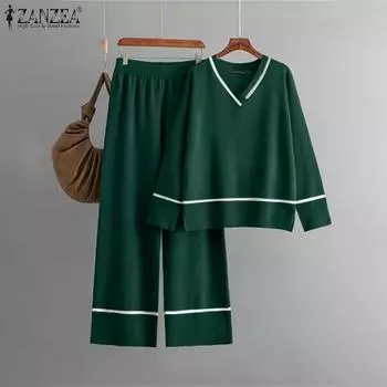ZANZEA Женские осенние футболки с длинным рукавом и V-образным вырезом, комплекты с широкими брюками S темно-зеленого