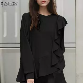 ZANZEA Женские осенние футболки с круглым вырезом и длинными рукавами с оборками S чёрный
