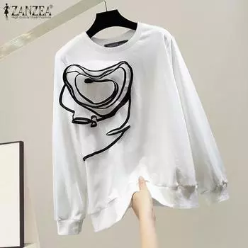 ZANZEA Женские осенние футболки с круглым вырезом и длинным рукавом с объемным цветочным узором S чёрный