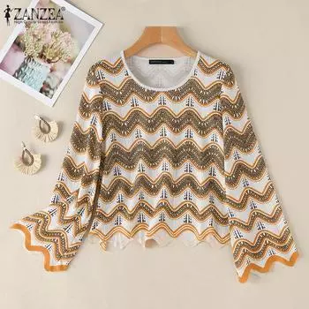 ZANZEA Женские осенние футболки с круглым вырезом и длинным рукавом в полоску 2XL синий