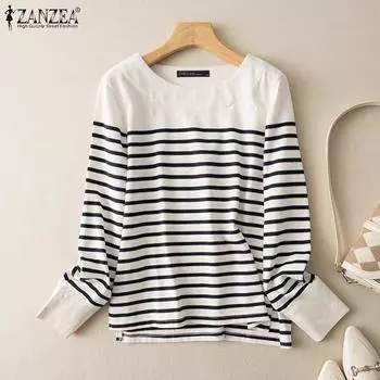 ZANZEA Женские осенние футболки с круглым вырезом и длинным рукавом в полоску с цветными блоками XL белый