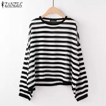 ZANZEA Женские осенние футболки с круглым вырезом и длинным рукавом в полоску S чёрный