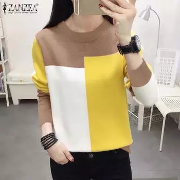 ZANZEA Женские осенние футболки с круглым вырезом и длинным рукавом из кашемира контрастного цвета 5XL коричневый