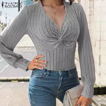 ZANZEA Женские осенние футболки с V-образным вырезом и длинными рукавами, в полоску, теплые футболки S зелёный