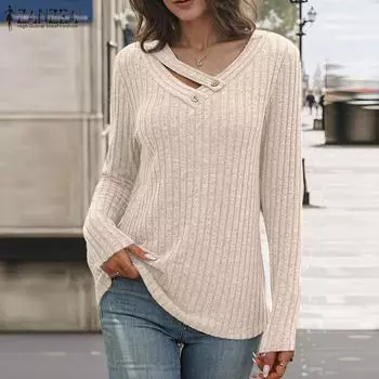 ZANZEA Женские осенние футболки с V-образным вырезом и длинными рукавами в полоску S красный