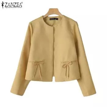 ZANZEA Женские осенние кардиганы с круглым вырезом и длинными рукавами, завязками и карманами S белый