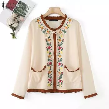 ZANZEA Женские осенние кардиганы с круглым вырезом и длинным рукавом, завязками и карманами с цветочным принтом S коричневый