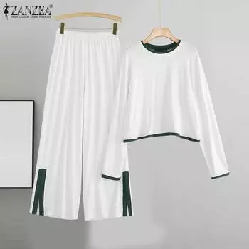 ZANZEA Женские осенние комплекты из футболки с круглым вырезом и длинными рукавами и брюк 2XL чёрный